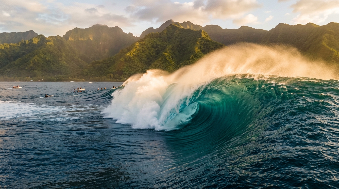 Aerial drone shot of a wave barreling at Teahupo'o, Tahiti